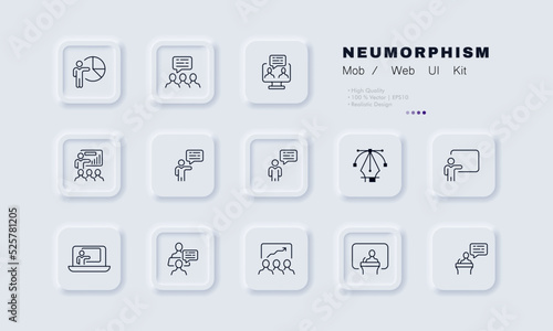 Speech set icon. Communication, presentation, tribune, slide show, conference, lecture, task distribution, discussion. Business concept. Neomorphism. Vector line icon for Business and Advertising