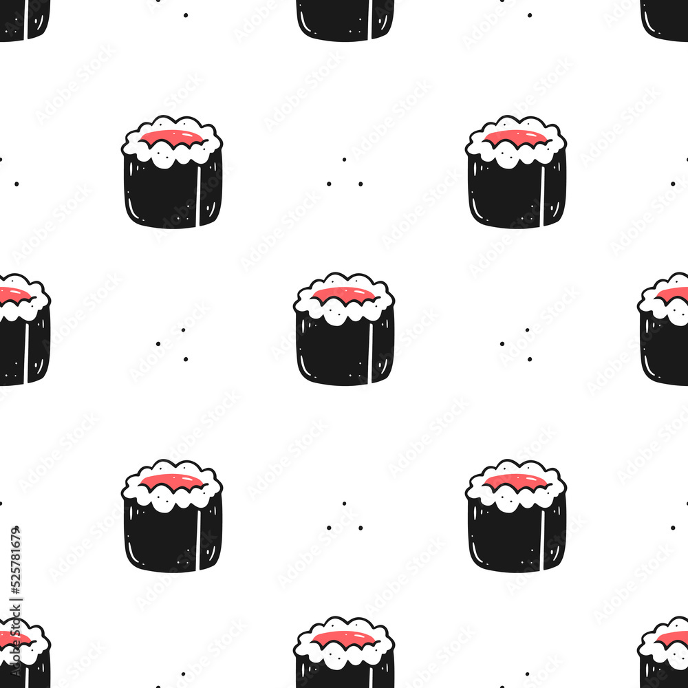 Seamless pattern with sushi rolls on a white background. Japanese food. Vector illustration background. Seamless pattern with sushi rolls on a white background. Japanese food. Vector illustration background.