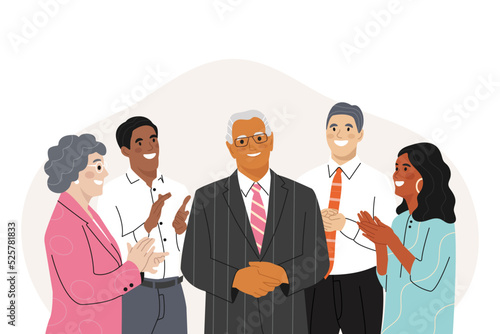 Group of multicultural smiling positive People Office workers standing Applauding to their project manager. Promotion, demonstration and admiration concept. Happy People Applaud celebrate good deal. 