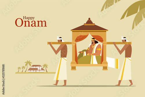 Conceptual illustration of men carrying King 'Mahabali'on a litter. Concept for Onam Festival in Kerala, India