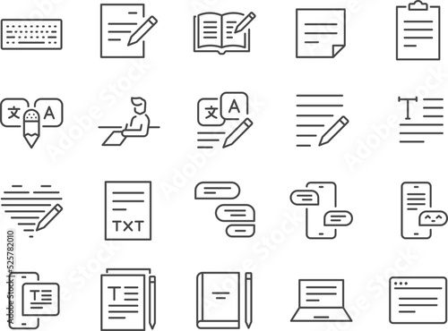 Text icon set. Included the icons as  Write Review, Creative Article Writing, Internet Content Editing , and more.