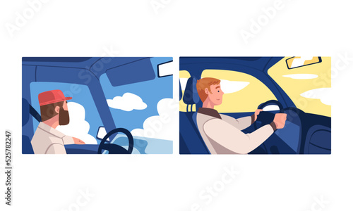 Man driving car set. Auto drivers sitting inside car holding steering wheel cartoon vector illustration