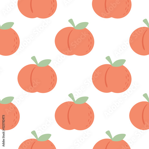 Hand drawn peaches seamless pattern vector illustration. Summer fruit background. Print red peaches with leaves on white backing. Model for textile, packaging and design