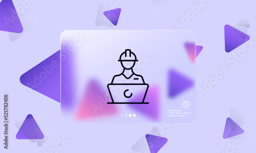 Engineer with laptop line icon. Protective helmet, worker, designer, architect, build, builder, project, constructor. Construction concept. Glassmorphism. Vector line icon for Business and Advertising