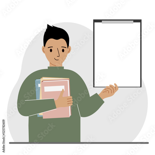 A man holds a stack of books in one hand, a clipboard in the other, space for text. Knowledge, education, teaching, personal improvement, reading list.
