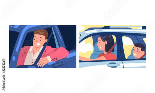 People driving car set. Cheerful man auto driver sitting inside modern car. Mom driving car with smiling son sitting on back seat cartoon vector illustration
