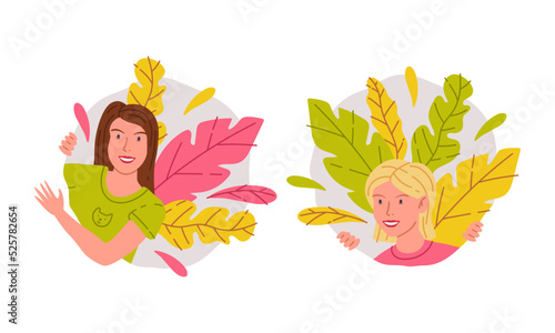Curious young women peeking of bushes set. Girls peeping or spying from vegetation cartoon vector illustration