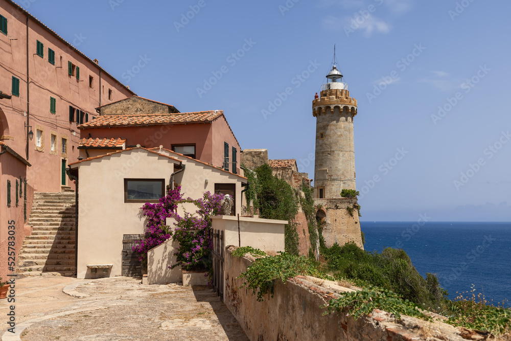 Portoferraio lighthouse (Faro di Portoferraio)  placed on the northern rampart of Forte Stella. Province of Livorno, Island of Elba, Italy