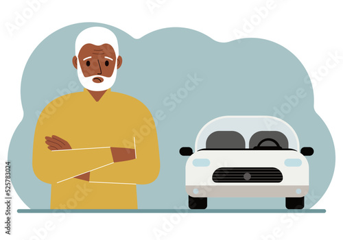 Sad old man next to a beautiful white car. Vector