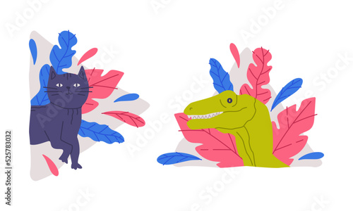 Cute cat and dinosaur hiding in bushes vector illustration isolated on white