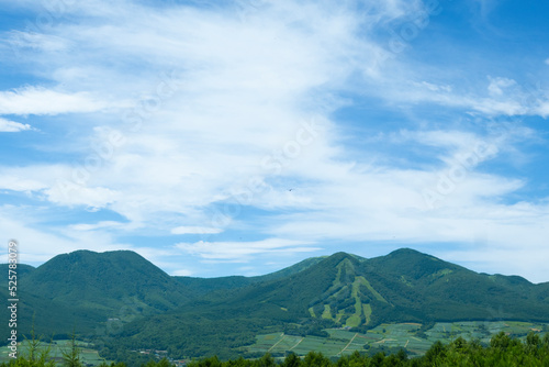 嬬恋高原の夏の青空と緑の山々