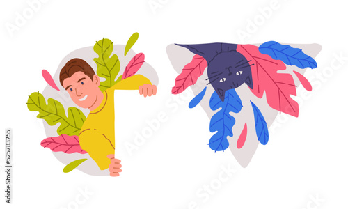 Smiling young man and black cat peeking of bushes. Pet animal and man hiding in vegetation cartoon vector illustration