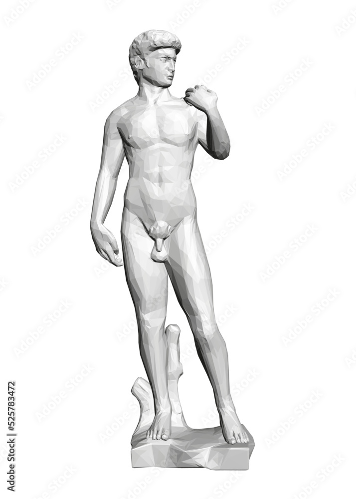 Low poly model of the statue of David isolated on a white background. Front view. 3D. Vector illustration. Low poly model of the statue of David isolated on a white background. Front view. 3D. Vector illustration.