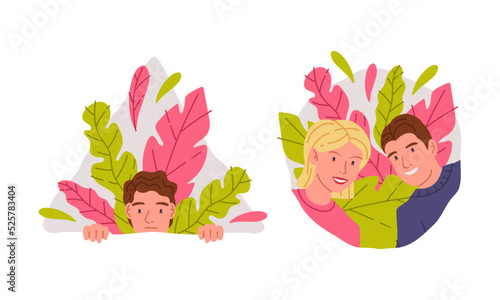 People hiding in bushes. Cheerful man and woman peeping or spying from vegetation cartoon vector illustration