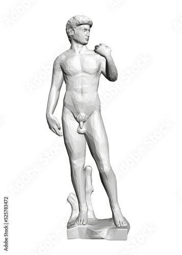 Low poly model of the statue of David isolated on a white background. Front view. 3D. Vector illustration.