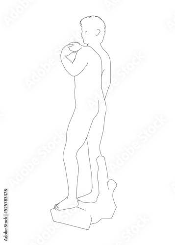 The outline of the statue of David from black lines isolated on a white background. Back view. Vector illustration.