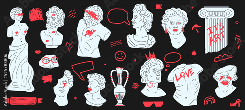 Stylized trendy Greek sculptures with doodle lines, hand-drawn inscriptions and elements. Symbols of zine culture, reinterpretation of classics.