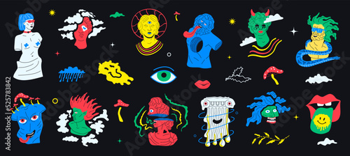 Crazy trippy sculptures and symbols. Acid elements of Greek mythology.