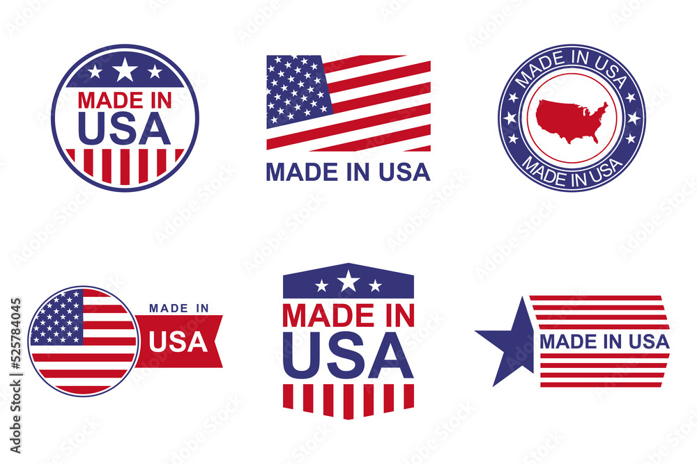 Made in USA labels set. Product manufactured in the United States of America icon patriotic signs. American quality business and national theme. Americans banners templates. Vector illustration Made in USA labels set. Product manufactured in the United States of America icon patriotic signs. American quality business and national theme. Americans banners templates. Vector illustration