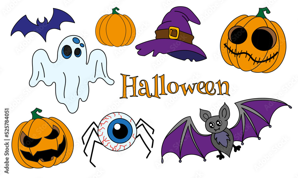 Halloween set vector illustration. Gost , bat , pumpkin, witch hat and  spider eye doddle halloween art with isolated background for your design, print, postcard, poster, book decoration.