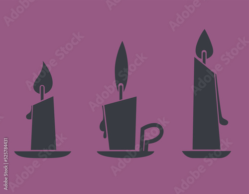 Set of candle on stands in black flat style. Halloween design elements.