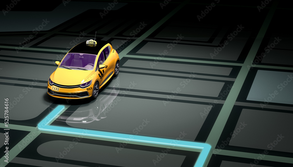 Ordering a taxi cab online internet service transportation concept navigation pin pointer with checker pattern and yellow taxi 3d render illustration background