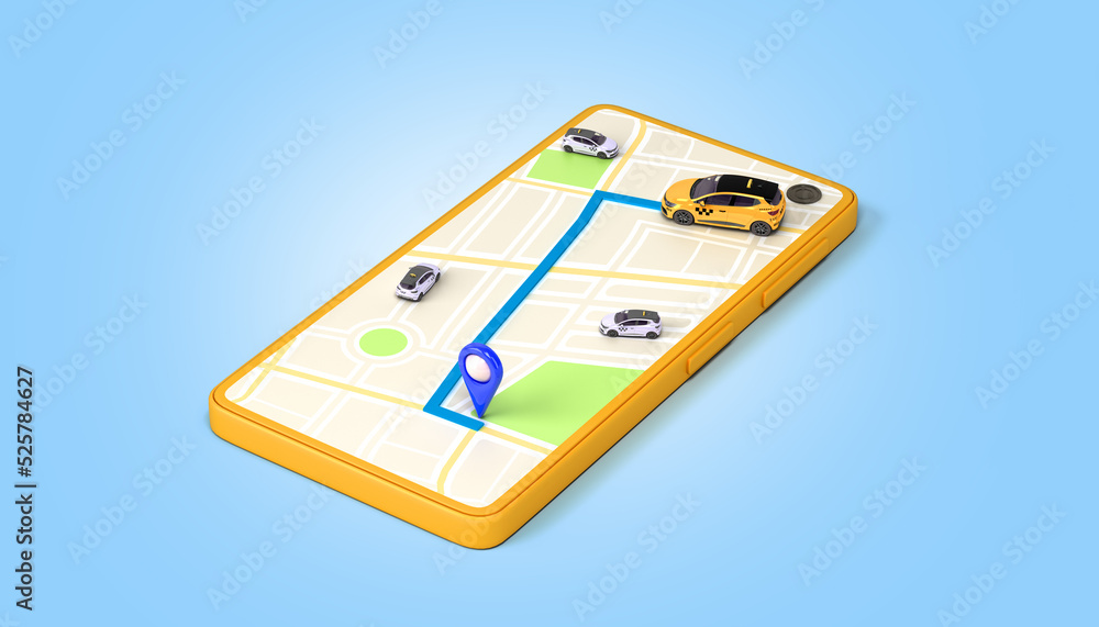 Ordering a taxi cab online internet service transportation concept navigation pin pointer with yellow taxi on phone screen 3d render illustration