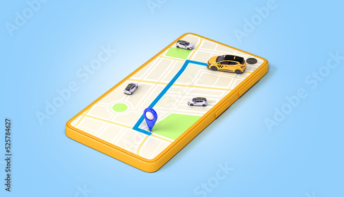 Obraz na płótnie Ordering a taxi cab online internet service transportation concept navigation pin pointer with yellow taxi on phone screen 3d render illustration w salonie
