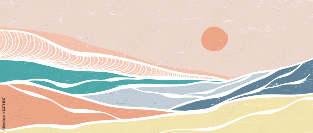 Ocean wave landscape. Creative minimalist modern art print. Abstract contemporary aesthetic backgrounds landscapes. with Ocean wave, sea, hill, skyline. vector illustrations Ocean wave landscape. Creative minimalist modern art print. Abstract contemporary aesthetic backgrounds landscapes. with Ocean wave, sea, hill, skyline. vector illustrations