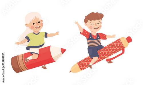 Schoolkids flying on pencil and pen. Happy children with school supplies. Back to school concept cartoon vector illustration
