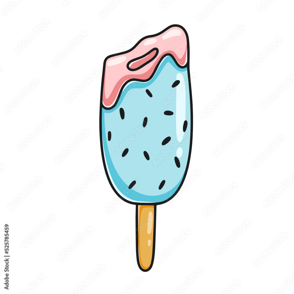 Ice cream on stick isolated vector illustration. Popsicle in blue glaze cartoon. Dairy frozen dessert hand drawn clipart