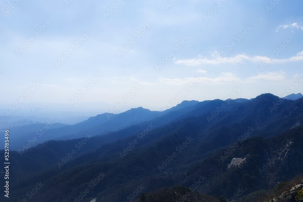 hiking. mountains in korea. view of mountain peaks and blue sky.