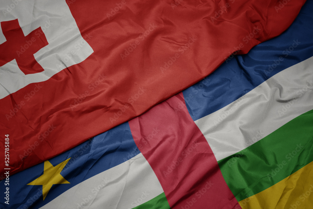 waving colorful flag of central african republic and national flag of Tonga .