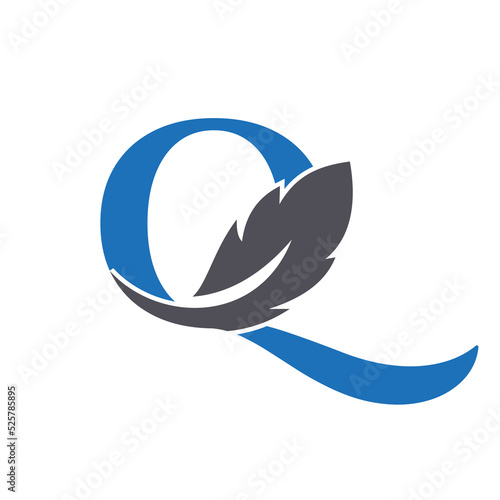 Letter Q Feather Logo Design Combined With Bird Feather Wine For Attorney, Law Symbol