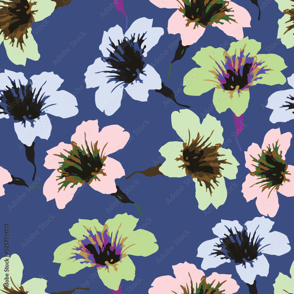 seamless plants pattern background with hand drawn hibicus flowers , greeting card or fabric