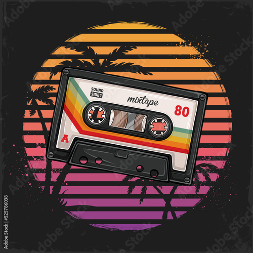 Hand drawn vintage music cassette against retro sunsets with palms, audiotapes music and records