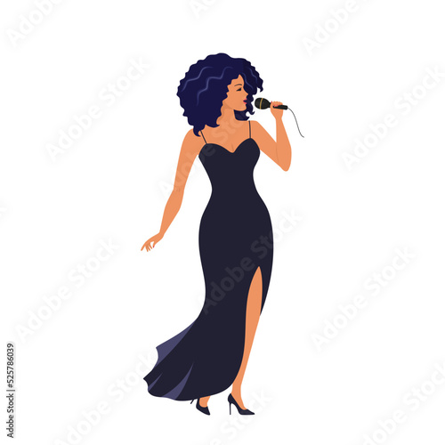 African American soul singer in concert dress singing into microphone. Isolated on white background