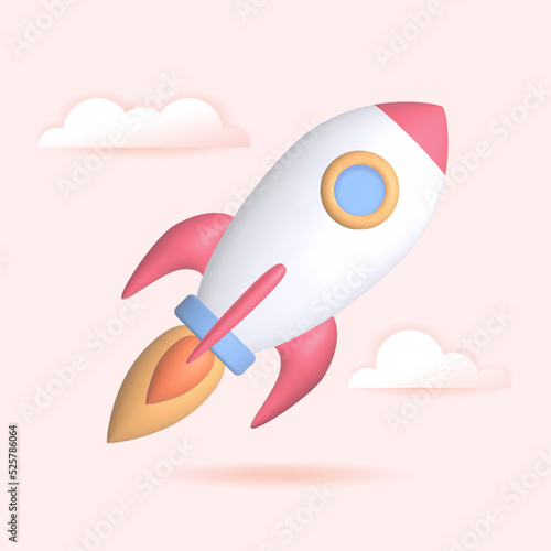 3d render rocket launch, startup business concept. Spaceship with clouds on pink background. Vector illustration © Biscotto Design