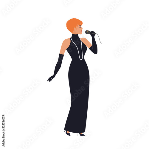 Singer in concert dress singing into microphone. Isolated on white background