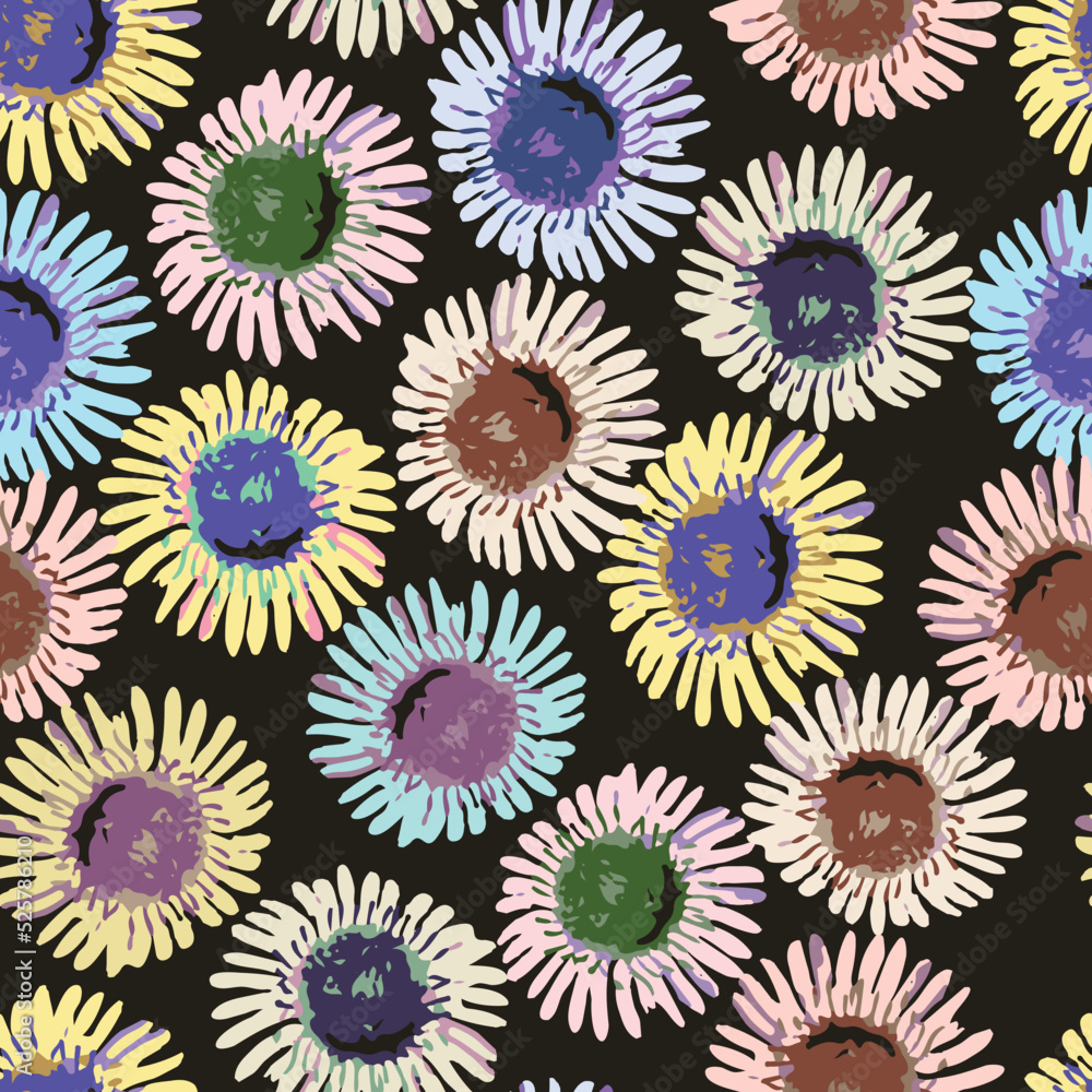 seamless plants pattern on black background with doodle hand drawn flowers , greeting card or fabric