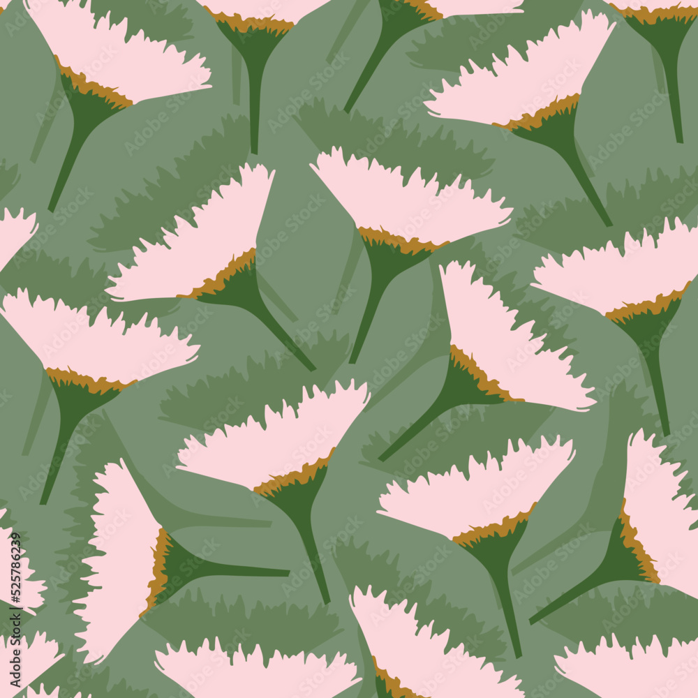 seamless plants pattern on green background with hand drawn pink flowers , greeting card or fabric