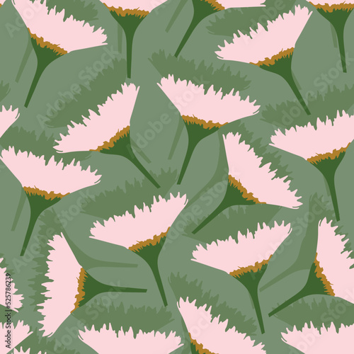 Obraz na płótnie seamless plants pattern on green background with hand drawn pink flowers , greeting card or fabric w salonie