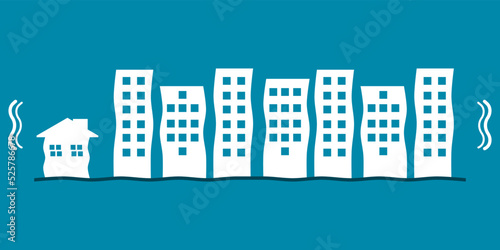 White building city house was shaken by earthquake disaster black icon warning sign on blue background flat vector design.