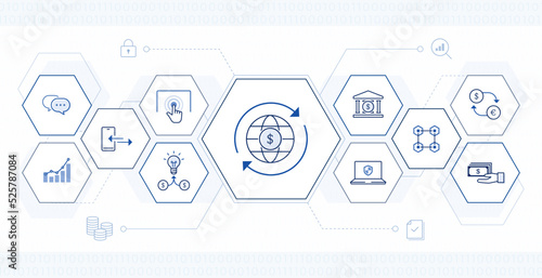Fintech illustration. financial technology, digital transformation, blockchain infographic. editable stroke vector icons.