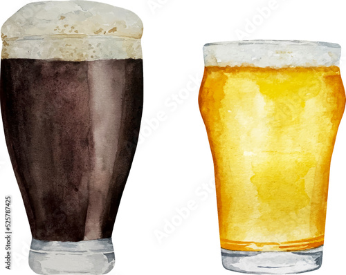 Watercolor glasses of fresh ale and light beer with foam isolated on white