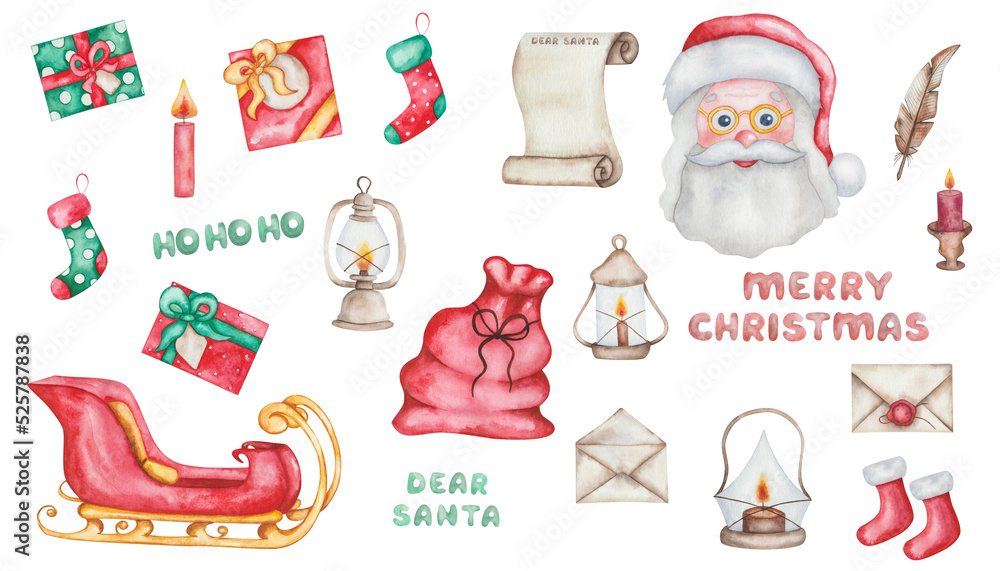 Φωτογραφία Watercolor illustration of hand painted reindeers, stockings, gift boxes, red sleigh, Santa Claus in hat, lanterns, envelope