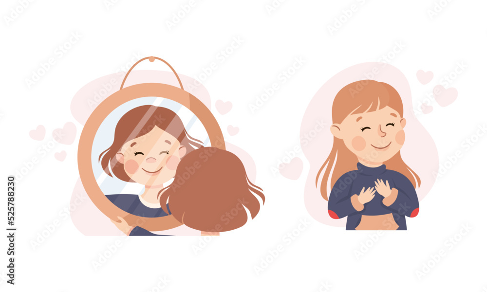 Happy kids love themselves. Girls holding hands on her chest and looking in mirror. Self love, acceptance, self care, happiness concept cartoon vector illustration Happy kids love themselves. Girls holding hands on her chest and looking in mirror. Self love, acceptance, self care, happiness concept cartoon vector illustration