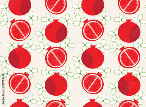 Vector Pomegranate Fruits and Flowers Abstract Seamless Pattern Trendy Fashion Colors Simple Elegant Design