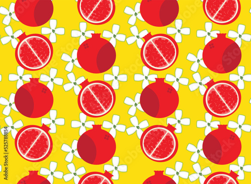 Vector Pomegranate Fruits and Flowers Abstract Seamless Pattern Trendy Fashion Colors Simple Elegant Design