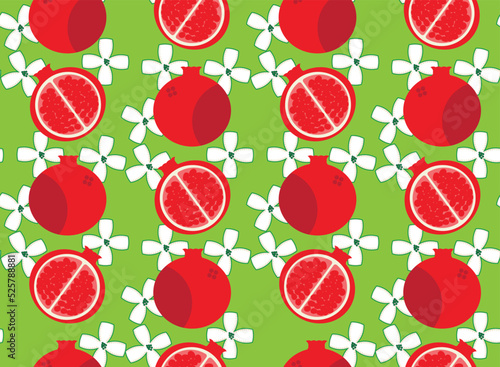 Vector Pomegranate Fruits and Flowers Abstract Seamless Pattern Trendy Fashion Colors Simple Elegant Design